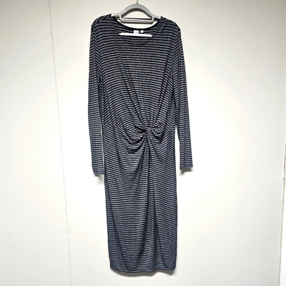 GAP Metallic Gray And Black Stripe Soft Stretchy Knit Midi Dress Classic‎ Office